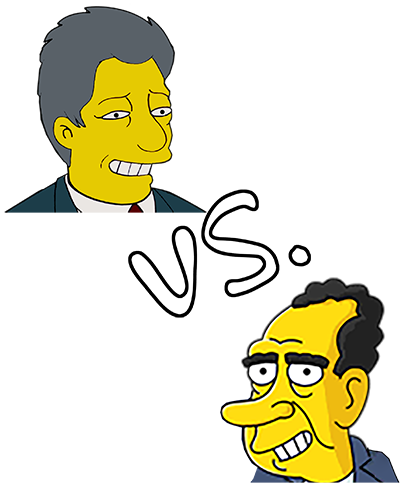 Stylized Simpsons cartoon headshots of Presidents Clinton and Nixon debating each other.