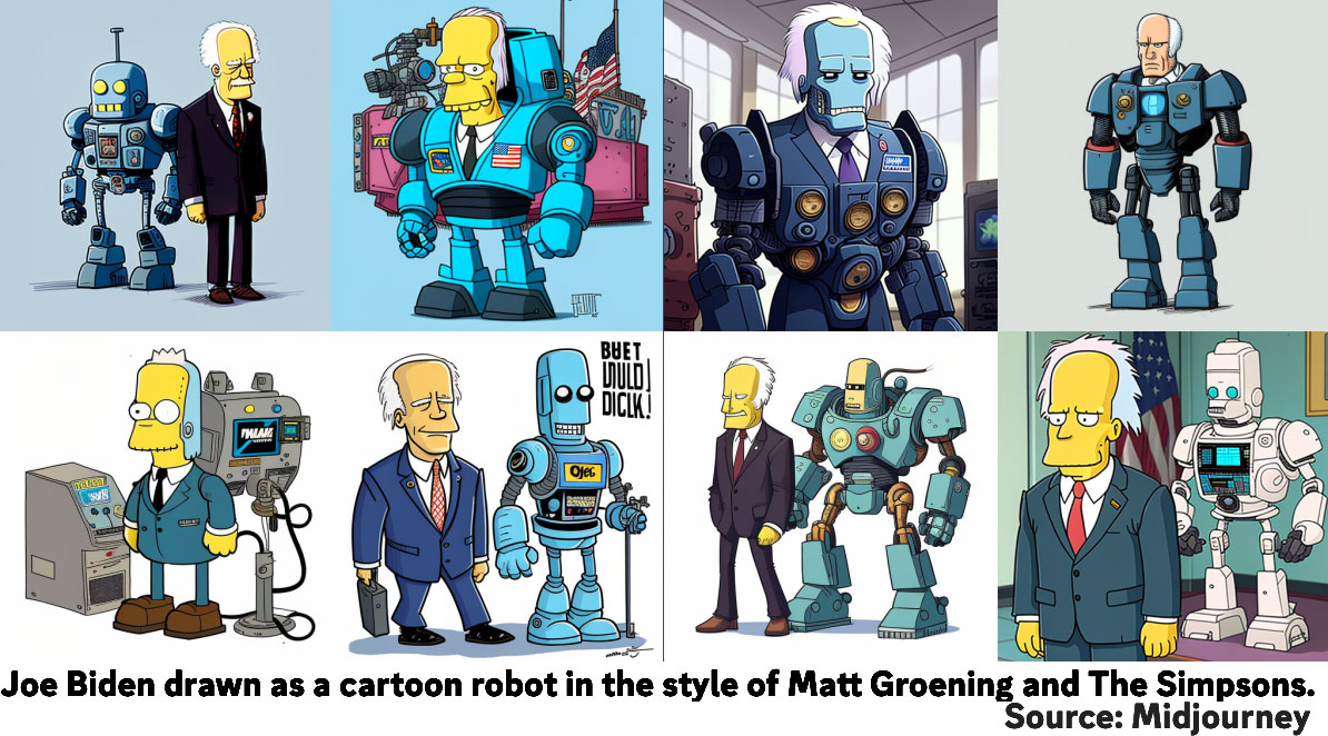 Joe Biden drawn as a cartoon robot in the style of Matt Groening and The Simpsons. Source: Midjourney.