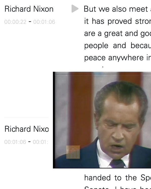 Screenshot of video stream and transcript text for State of the Union from Richard Nixon.