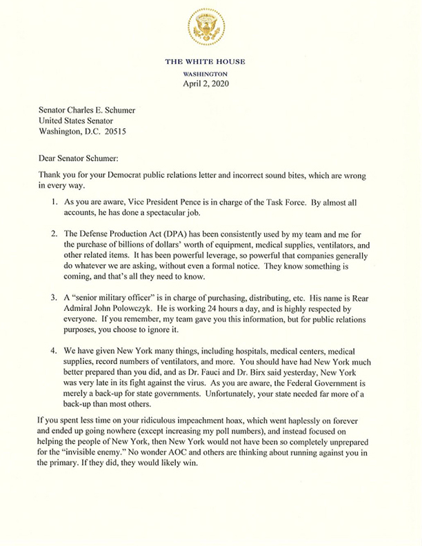 Transcript Remarks Letter Donald Trump Sends A Letter To Chuck 