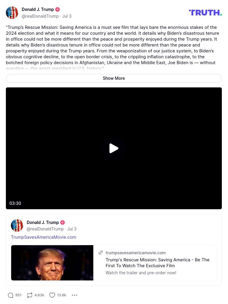 Post preview from Donald Trump