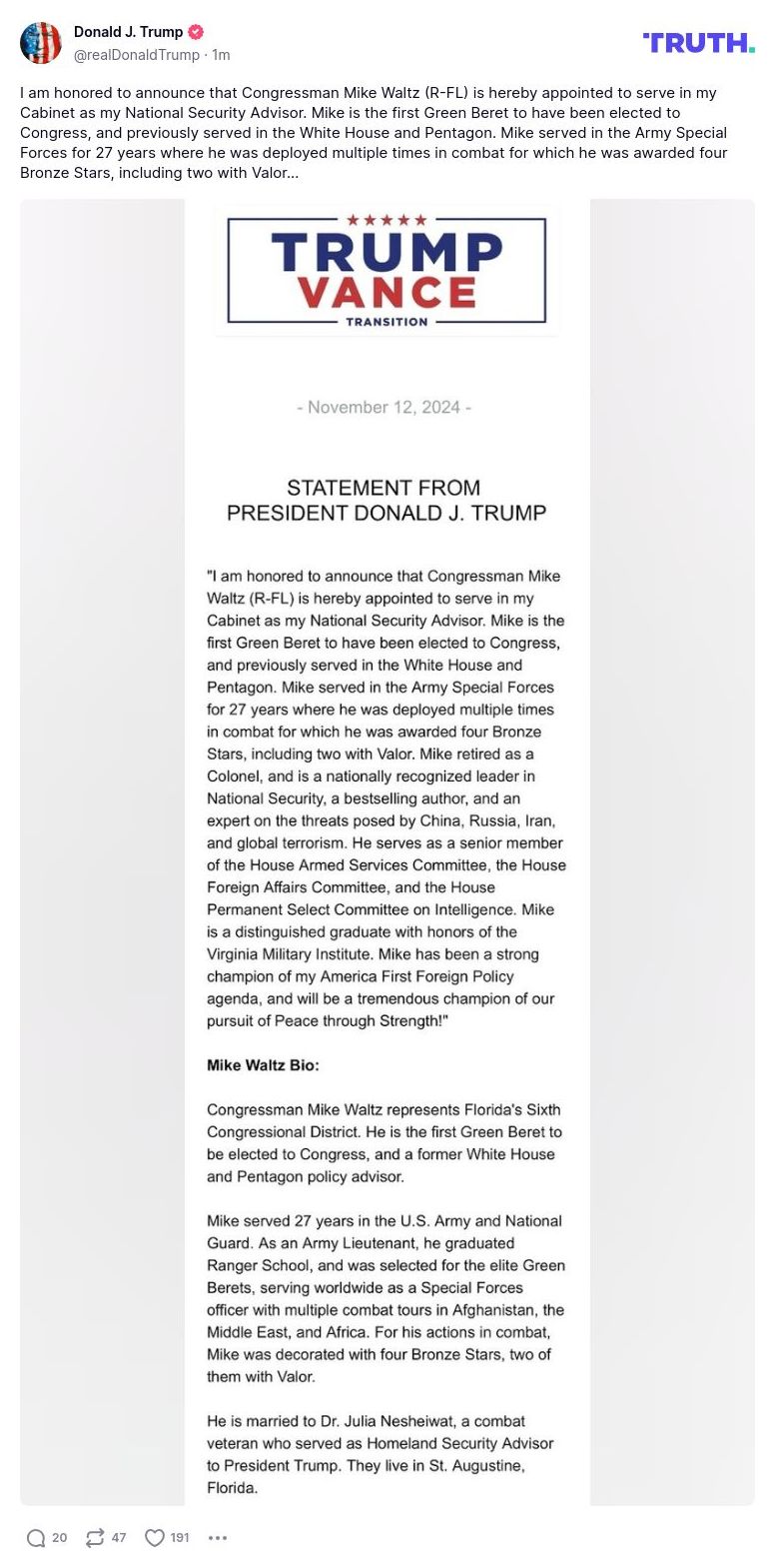 Post image from Donald Trump