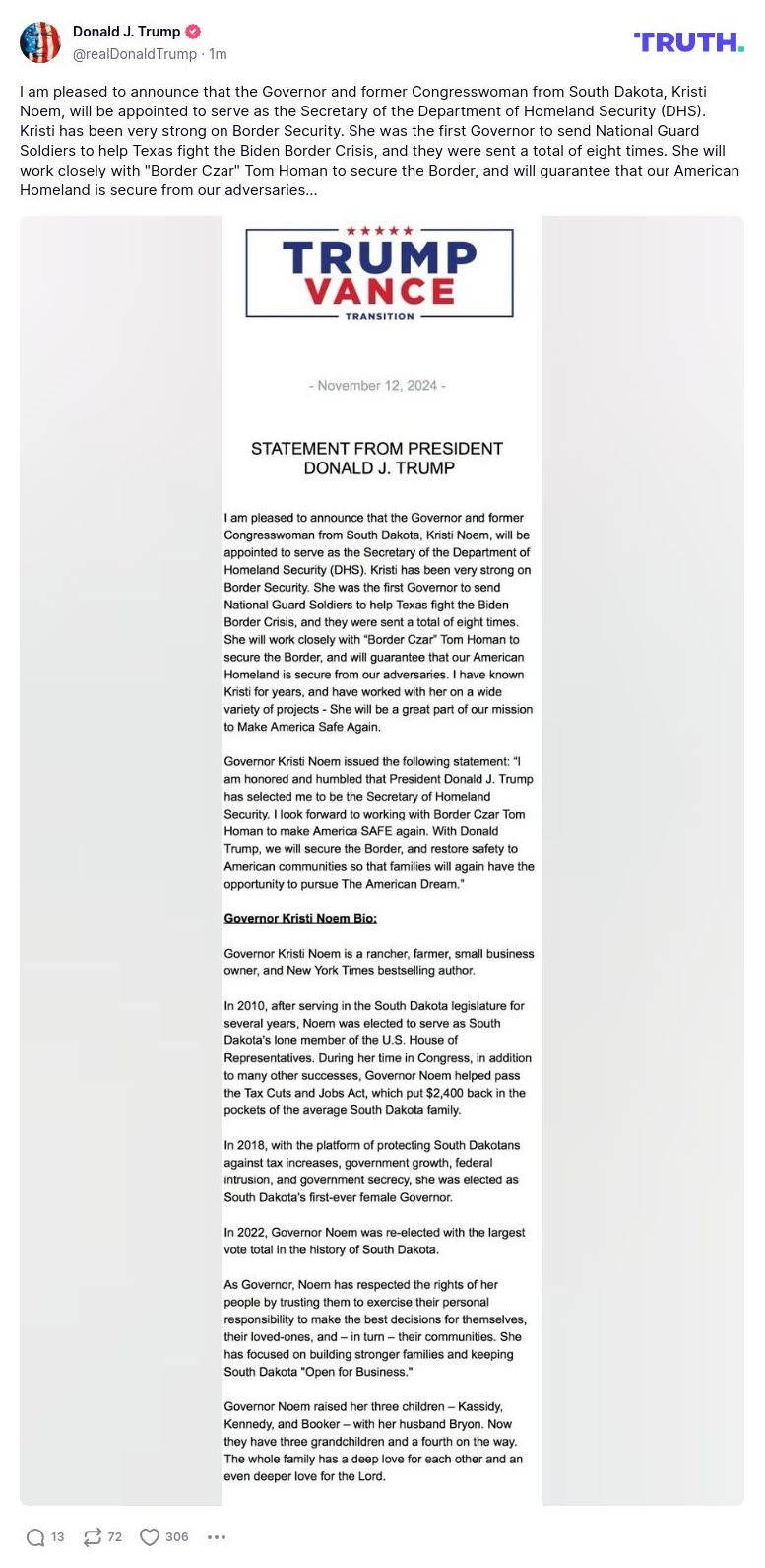 Post preview from Donald Trump