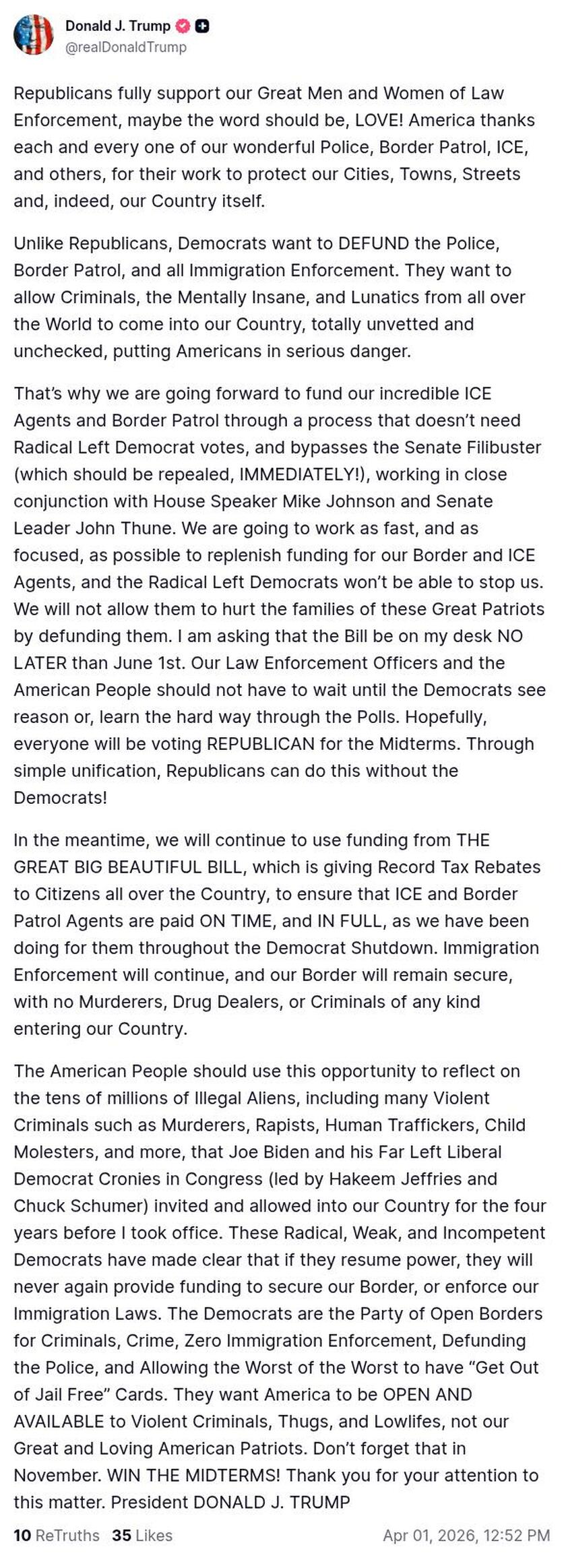 Post preview from Donald Trump